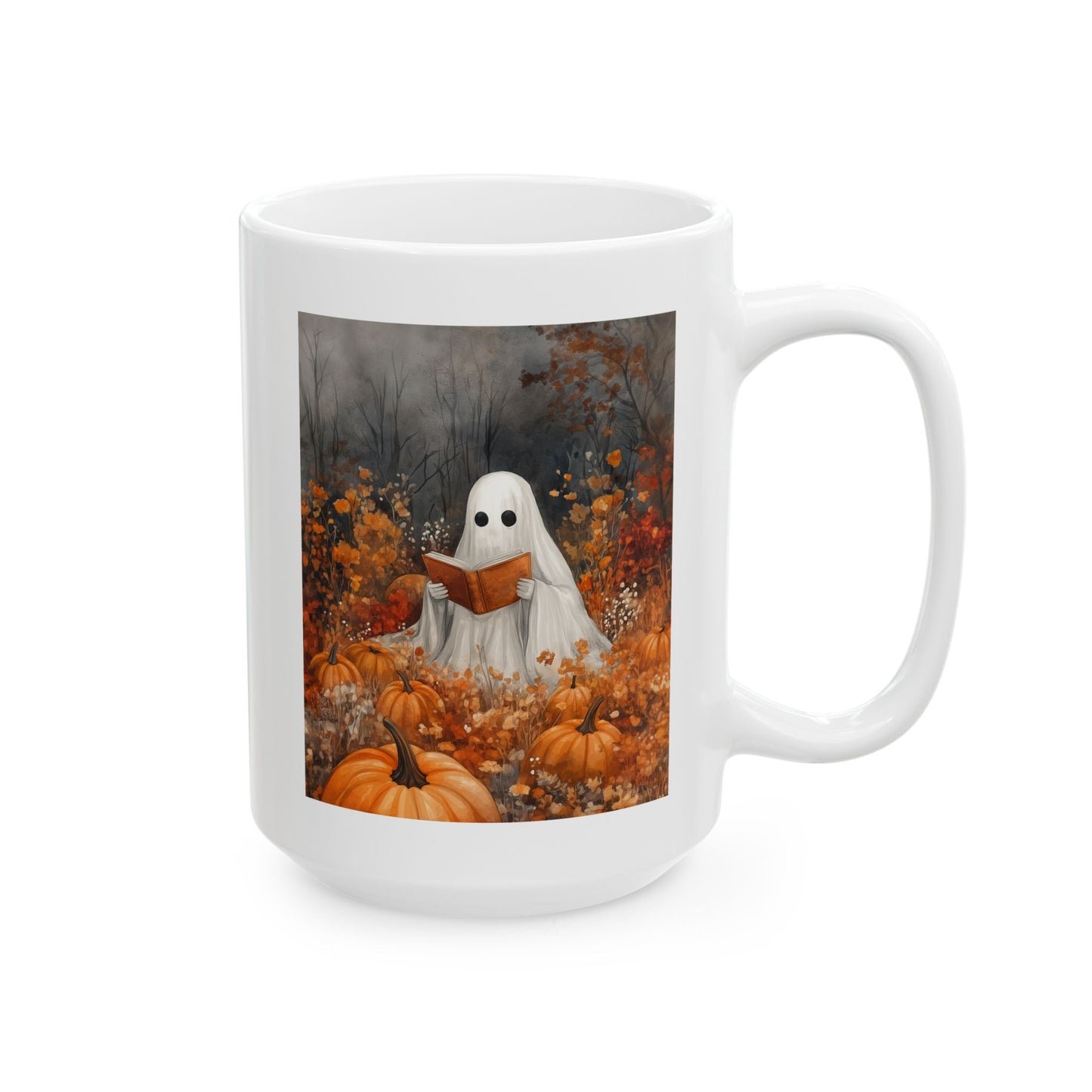 Cute Ghost Reading Art Mug | Halloween Book Lover Mug | Spooky Autumn Wall Mug | Cozy Fall Mug