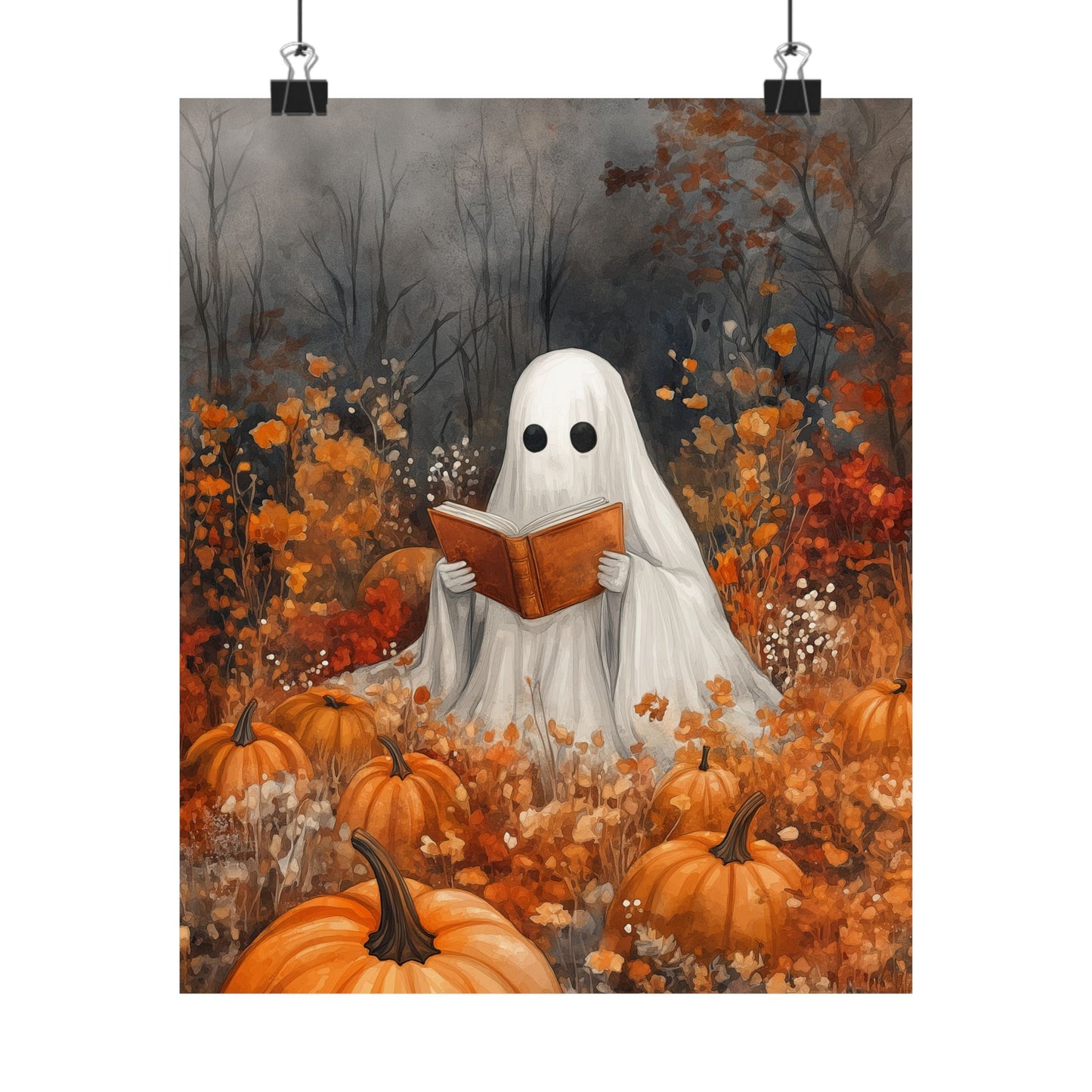 Cute Ghost Reading Art Print | Halloween Book Lover Decor | Spooky Autumn Wall Art | Cozy Fall Art