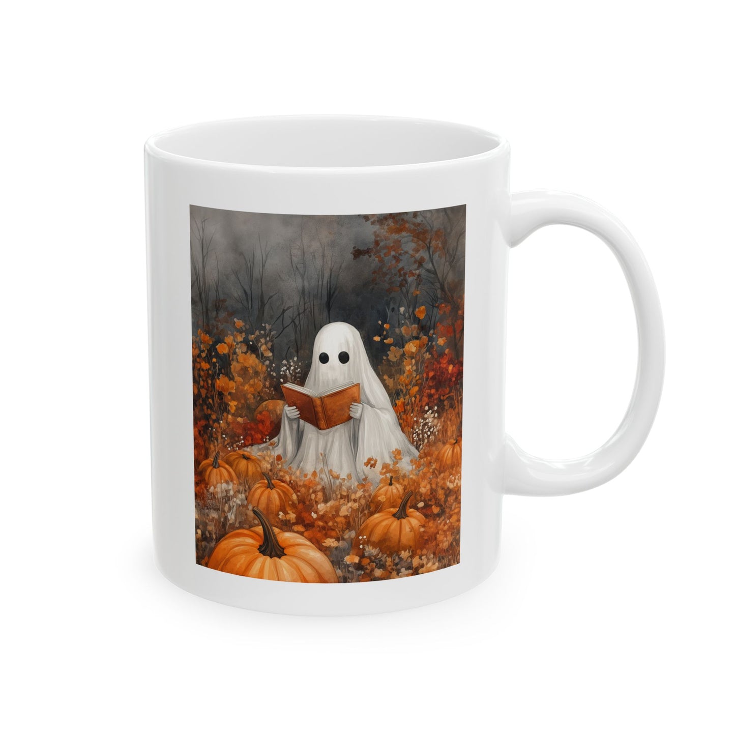 Cute Ghost Reading Art Mug | Halloween Book Lover Mug | Spooky Autumn Wall Mug | Cozy Fall Mug