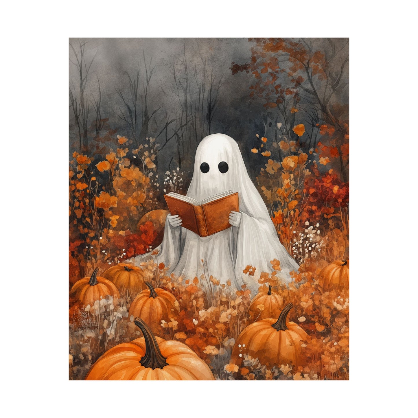 Cute Ghost Reading Art Print | Halloween Book Lover Decor | Spooky Autumn Wall Art | Cozy Fall Art