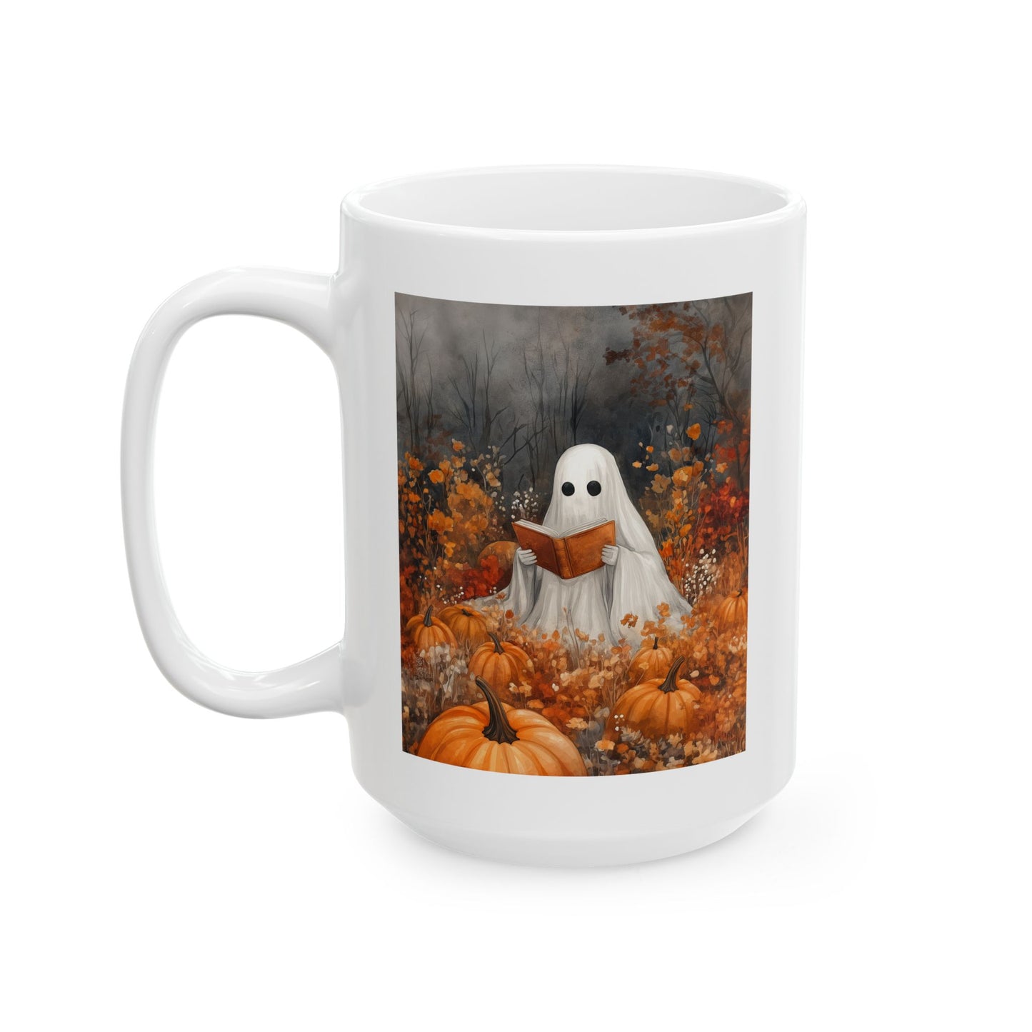 Cute Ghost Reading Art Mug | Halloween Book Lover Mug | Spooky Autumn Wall Mug | Cozy Fall Mug