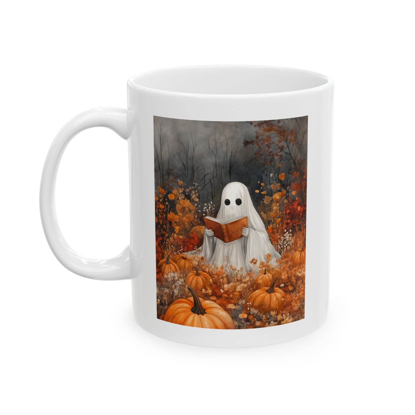 Cute Ghost Reading Art Mug | Halloween Book Lover Mug | Spooky Autumn Wall Mug | Cozy Fall Mug