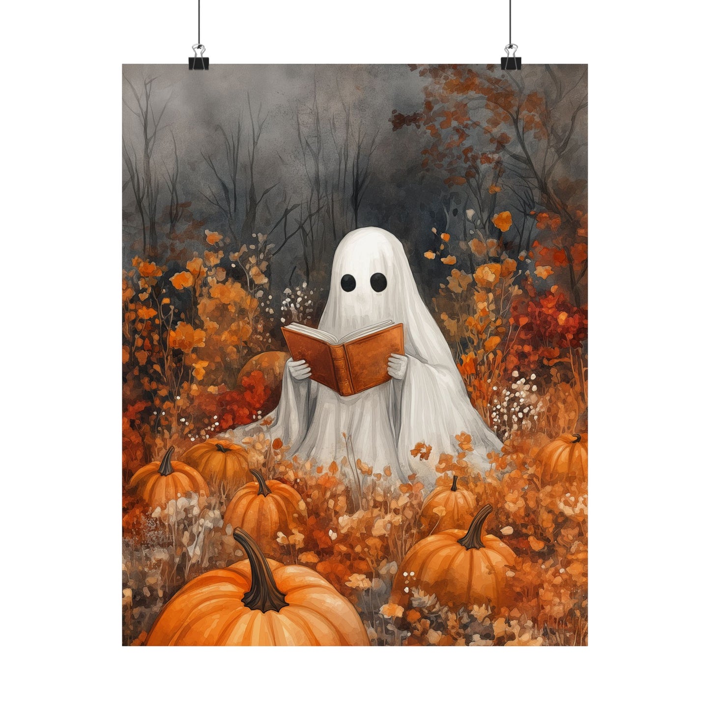 Cute Ghost Reading Art Print | Halloween Book Lover Decor | Spooky Autumn Wall Art | Cozy Fall Art